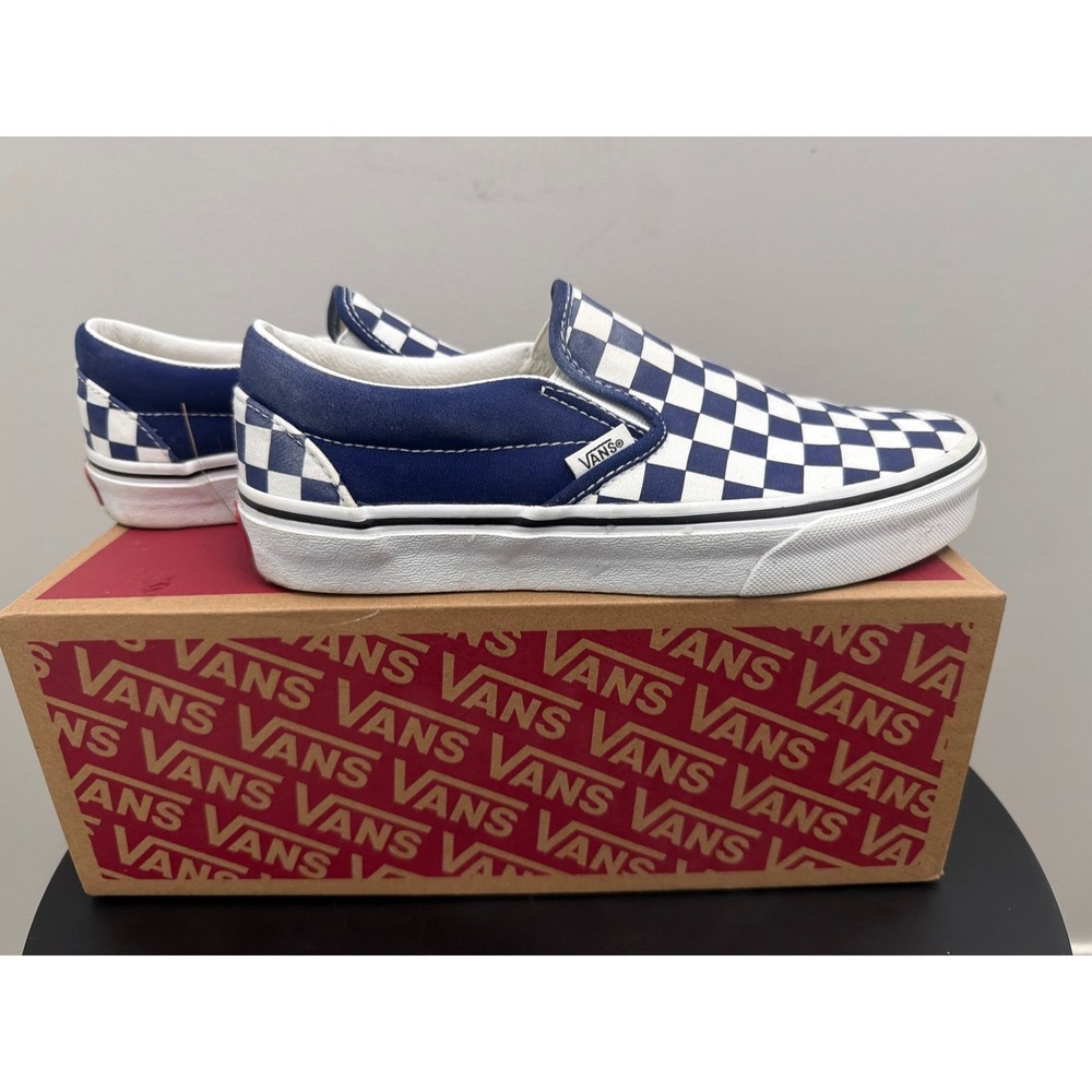 Vans Classic Slip On Checkerboard True Blue Navy White Shoes Size M 5.5 W 7 Box